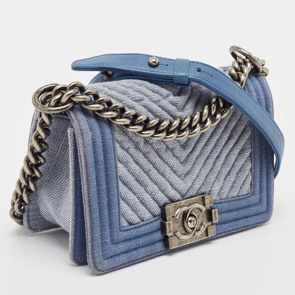 Chanel Blue Chevron Quilted Denim Small Boy Flap Bag - Picture 3 of 7